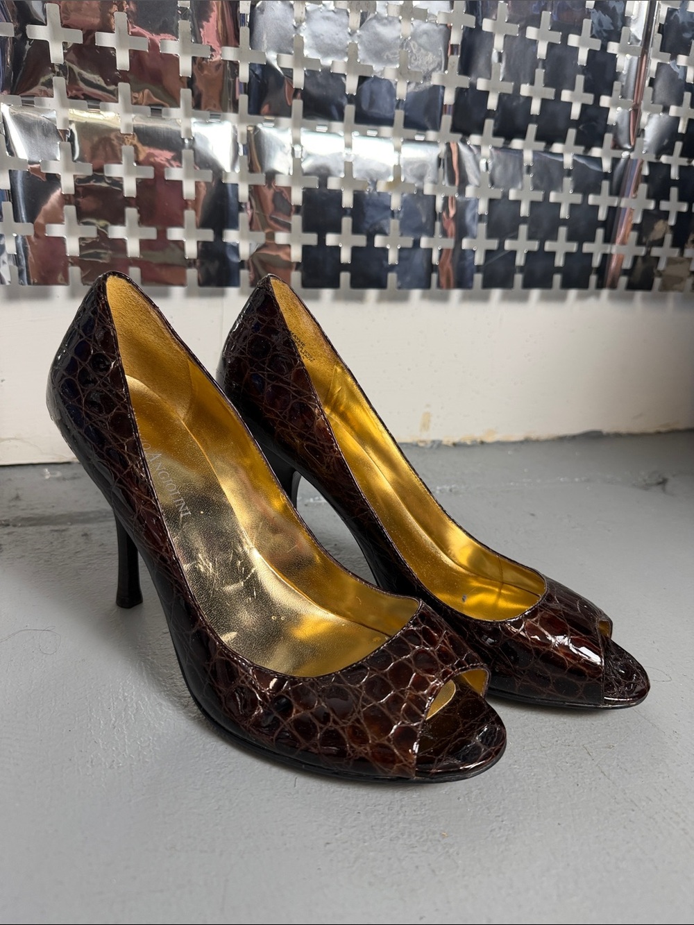 Enzo Angiolini Dark Brown Croc-Embossed Peep-Toe Heels